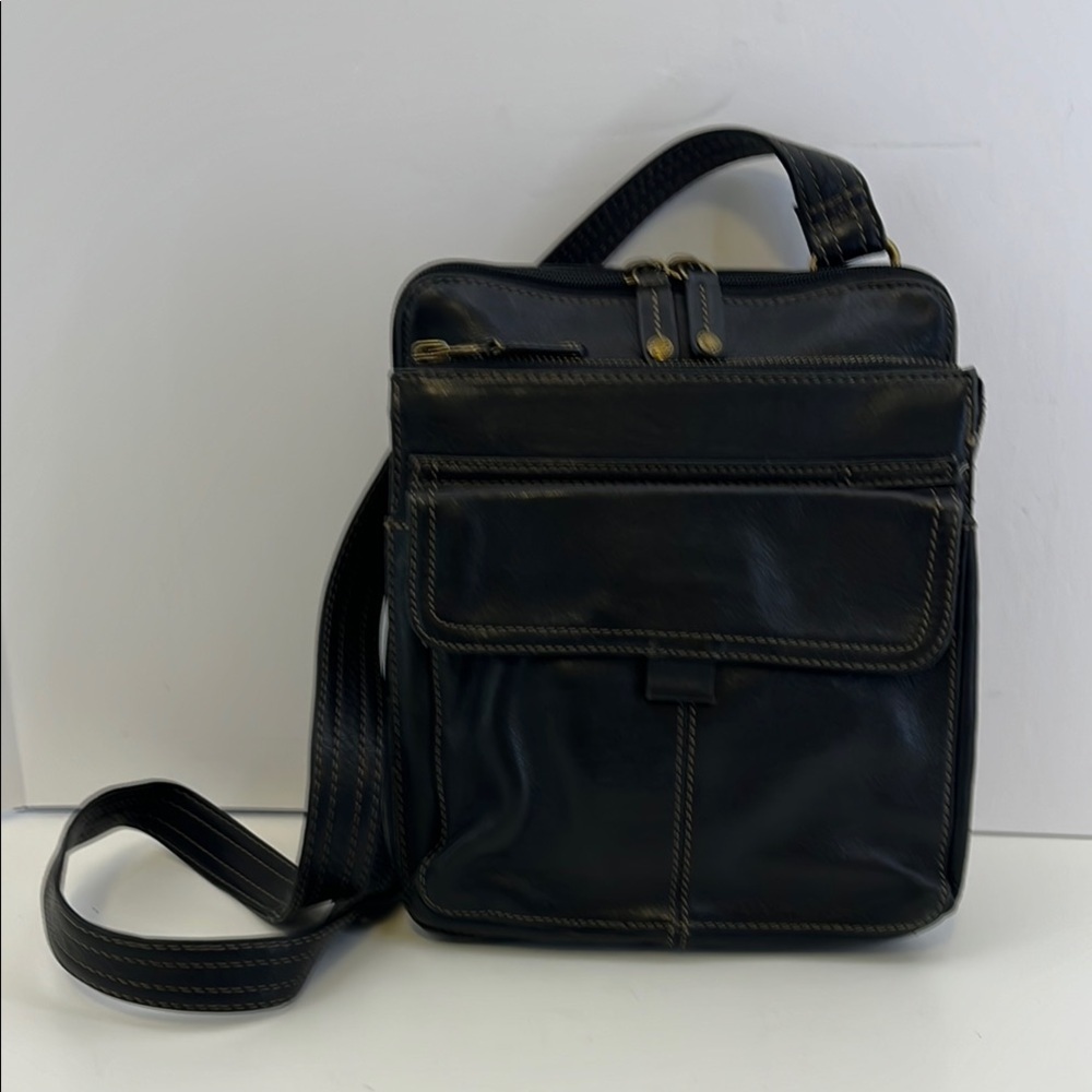 Vintage Fossil Black Leather Organizer Crossbody Purse Travel Bag # ZB 8944